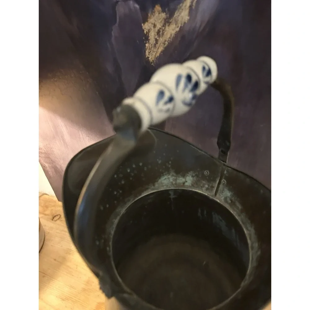 antique vintage coal scuttle made brass distinctive Delft blue porcelain handle